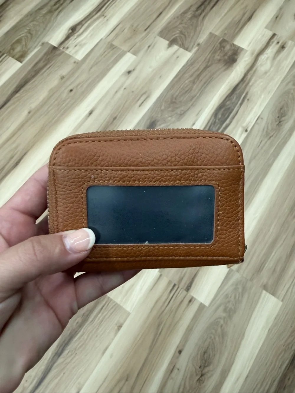 Tory Burch Cognac Pebbled Leather Zip Card Holder with Gold Logo
